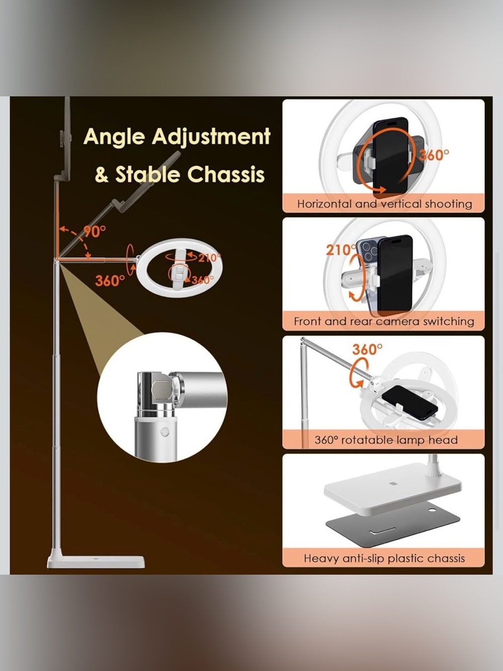 Adjustable LED Floor Lamp with Ring Light and Phone Holder - Picture 3 of 14